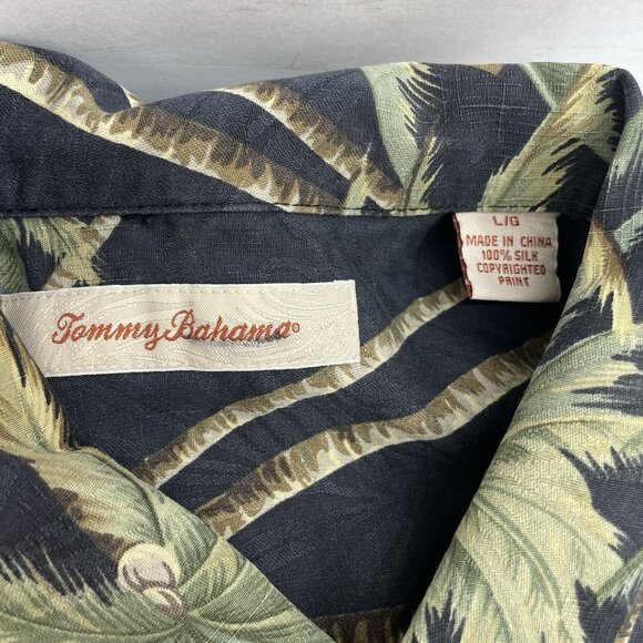 Tommy Bahama Silk Hawaiian Shirt Button Up Palm Trees Tropical Black Green L - Picture 4 of 8